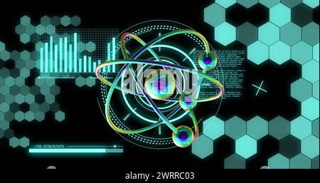 Immagine della rotazione del modello atomico ed elaborazione dei dati su sfondo nero Foto Stock