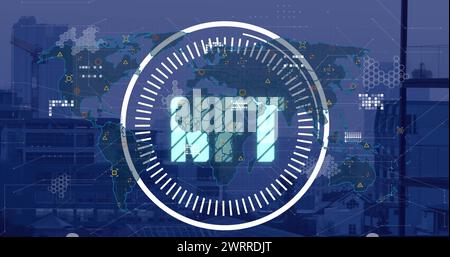 Immagine della scansione dell'oscilloscopio con testo nft e mappa del mondo sul paesaggio urbano Foto Stock