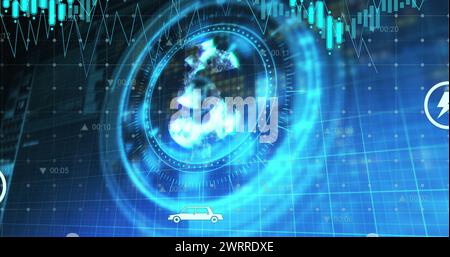 Immagine dell'elaborazione dei dati finanziari sulla scansione con il simbolo del dollaro su sfondo nero Foto Stock