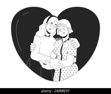 La figlia madre maggiore a forma di cuore abbraccia personaggi dei cartoni animati in 2D in bianco e nero Illustrazione Vettoriale