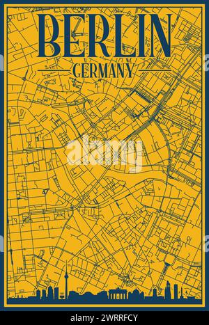 Rete stradale disegnata a mano e poster dello skyline del centro DI BERLINO, GERMANIA Illustrazione Vettoriale