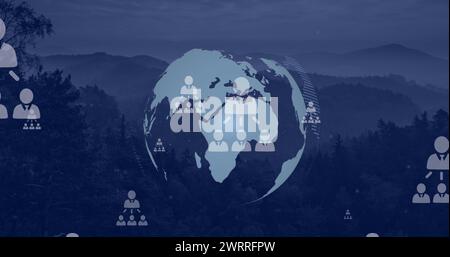 Composizione di icone di persone sul globo e sul paesaggio Foto Stock