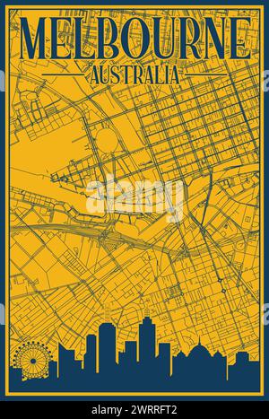 Rete stradale disegnata a mano e poster dello skyline del centro DI MELBOURNE, AUSTRALIA Illustrazione Vettoriale