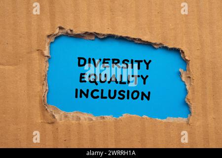 Diversità, uguaglianza, inclusione parole scritte su carta strappata con sfondo blu. Simbolo concettuale. Copia spazio. Foto Stock