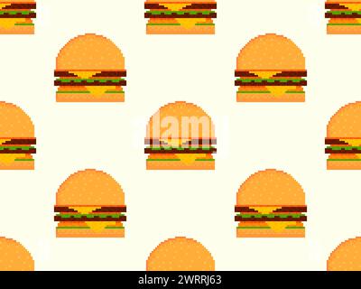 Pixel Burger pattern senza cuciture. cheeseburger a 8 bit con due polpette e formaggio. Cheeseburger con due cotolette, formaggio e salse in stile pixel art. De Illustrazione Vettoriale