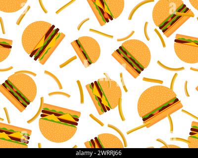 Motivo senza cuciture con cheeseburger e patatine fritte. Fast food. Cheeseburger con due cotolette. Panino con semi di sesamo, cotoletta, formaggio e salse. Progettare per Illustrazione Vettoriale