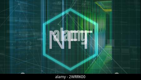Immagine del testo nft su banner esagonale al neon e della rete di connessioni rispetto alla sala server Foto Stock