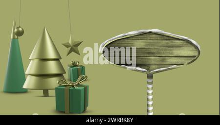 Immagine delle decorazioni natalizie con segnaletica stradale su sfondo giallo con spazio per le copie Foto Stock