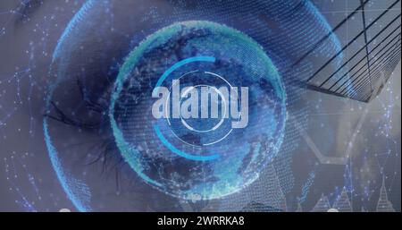 Immagine della scansione dell'oscilloscopio e globo della rete di connessioni sull'occhio della donna Foto Stock