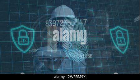 Immagine di numeri, scansione delle impronte digitali e lucchetti digitali su un costruttore maschio caucasico Foto Stock