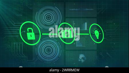 Immagine del lucchetto collegato e delle icone dei supporti sull'elaborazione dei dati e i grafici sull'interfaccia Foto Stock