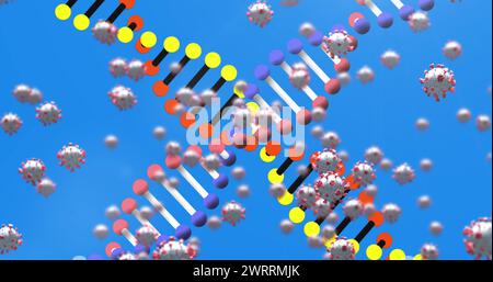 Immagine del filamento di dna con cellule covid e cellule del sangue che fluttuano Foto Stock