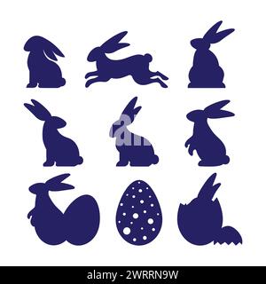 Conigli pasquali con la silhouette delle uova. Correre, guardare in alto e stare in piedi coniglietto. Set di coniglietto pasquale con contorni di guscio d'uovo isolati su sfondo bianco. Illustrazione Vettoriale