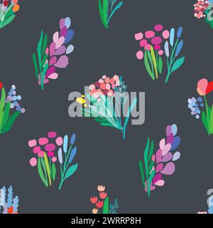un motivo senza cuciture di fiori e foglie colorate su sfondo scuro Illustrazione Vettoriale