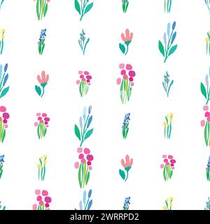 un motivo senza cuciture di fiori e foglie colorate su sfondo bianco Illustrazione Vettoriale