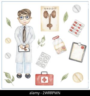 Clipart medico dell'acquerello, illustrazione disegnata a mano. medico e forniture, clip art per tessere scolastiche per bambini, didattica, grafica per bambini carina con professio Foto Stock