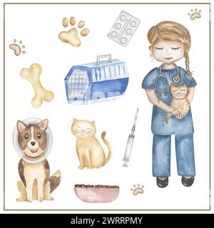 Fermaglio per vetri ad acquerello, illustrazione disegnata a mano. articoli per veterinario e veterinario, clip art per tessere scolastiche per bambini, didattica, grafica per bambini carina con professioni Foto Stock