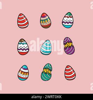 Uova di pasqua colorate in stile doodle. Raccolta di uova di pasqua disegnate a mano. Illustrazione vettoriale Illustrazione Vettoriale
