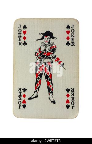 Vecchia carta da gioco Joker d'epoca isolata su sfondo bianco Foto Stock