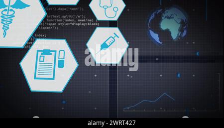 Immagine di icone mediche ed elaborazione di dati scientifici su sfondo blu Foto Stock