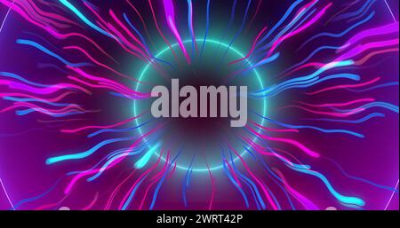 Immagine di luci al neon blu e rosa che seguono e girano su sfondo nero Foto Stock