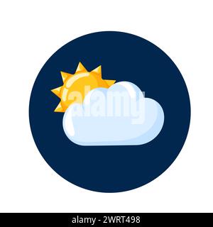 Icona fumetto con fumetto sole. Meteo disegnato a mano, logo delle previsioni. Illustrazione vettoriale isolata su sfondo bianco con sfondo blu. Illustrazione Vettoriale