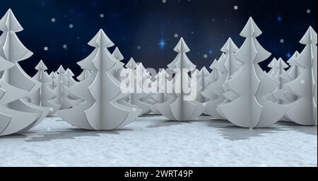 Fiocchi di neve che cadono su più alberi nel paesaggio invernale contro stelle blu brillanti nel cielo notturno Foto Stock