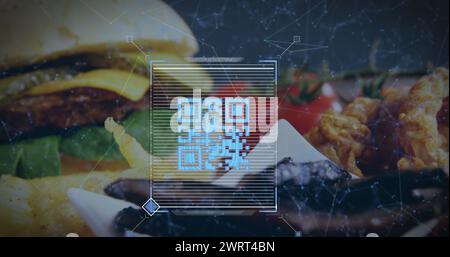 Immagine di un codice QR blu con una rete di connessioni su un pasto fast food su un tavolo digitale composito Foto Stock