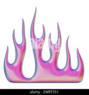 Fiamma 3D. Elemento Y2K alla moda. Colorato rosa a fuoco acceso con effetto gradiente lucido. Rendering 3D. Illustrazione isolata. Foto Stock
