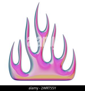 Fiamma 3D. Elemento Y2K alla moda. Colorato rosa a fuoco acceso con effetto gradiente lucido. Rendering 3D. Illustrazione isolata. Foto Stock