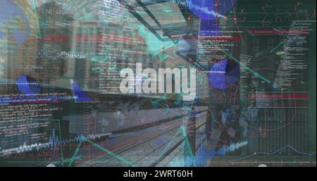 Immagine di equazioni matematiche ed elaborazione dei dati sul paesaggio urbano Foto Stock