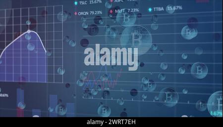 Immagine delle icone bitcoin e dell'elaborazione dei dati finanziari Foto Stock