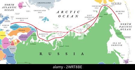 Passaggio a nord-est, NEP, inclusa la rotta del Mare del Nord, mappa politica. Rotta di navigazione tra l'Oceano Atlantico e l'Oceano Pacifico, lungo la costa artica. Foto Stock