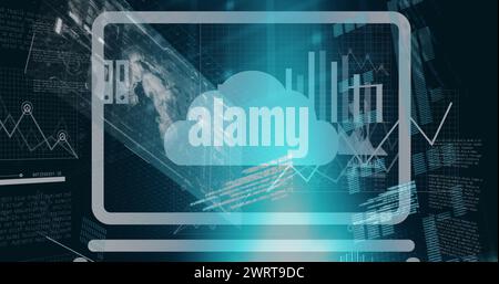 Immagine di più icone su grafici, globo, barre di caricamento, linguaggio del computer su sfondo nero Foto Stock