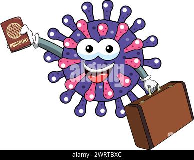 Fumetto mascotte carattere virus o batterio viaggiare con passaporto e valigia concetto di diffusione immagine vettoriale isolato Illustrazione Vettoriale