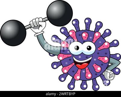 Cartoon mascotte carattere virus o sollevatore di pesi batterio potente forza immagine vettoriale isolato Illustrazione Vettoriale