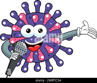 Fumetto mascotte carattere virus o batterio presentatore microfono altoparlante isolato vettoriale illustrazione Illustrazione Vettoriale