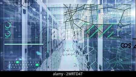 Immagine dell'interfaccia con l'elaborazione dei dati e le equazioni matematiche rispetto alla sala server Foto Stock