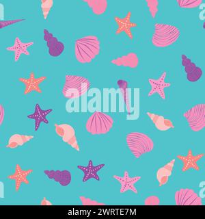 Motivo rosa senza cuciture con stelle marine, coralli, perle e conchiglie. Sfondo vettoriale con tema marino Illustrazione Vettoriale