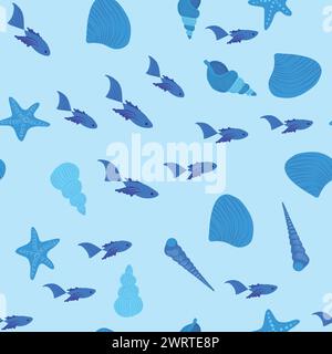 Motivo blu senza cuciture con stelle marine, coralli, perle e conchiglie. Sfondo vettoriale con tema marino Illustrazione Vettoriale