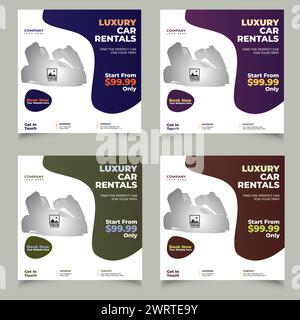 Set di banner per post sui social media di Rent Car, modelli di design per brochure Illustrazione Vettoriale
