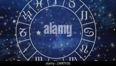 Composizione del simbolo della stella degli ari nella ruota zodiacale che gira sopra le stelle brillanti Foto Stock