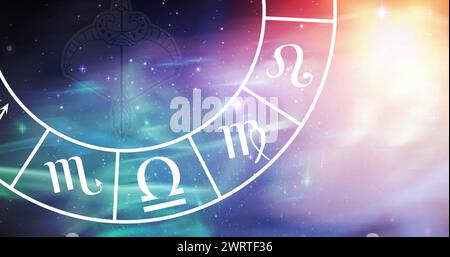 Composizione del simbolo della stella del sagittario nella ruota zodiacale che gira sopra le stelle luccicanti Foto Stock