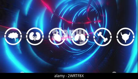 Immagine di icone del corpo umano sul tunnel fatte di luci al neon Foto Stock
