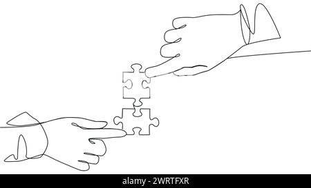 Animazione della linea di disegno automatico di due mani con pezzi di puzzle collegati tra loro Illustrazione Vettoriale