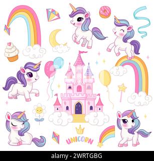 Insieme di unicorni vettoriali. Grande collezione con personaggi da favola, fata, animali con corna, castello su nuvola, arcobaleno, stelle cadenti, cristalli, dolci. F Illustrazione Vettoriale
