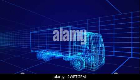 Immagine del disegno tecnico 3d di un veicolo in blu, con griglia mobile sullo sfondo 4k Foto Stock