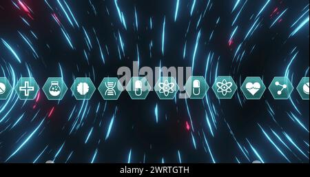 Immagine di più icone mediche con interfaccia digitale in movimento su sfondo blu luminoso Foto Stock