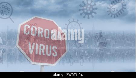 Immagine di 19 icone che galleggiano sul testo del virus corona sul segno di stop e sul paesaggio urbano Foto Stock