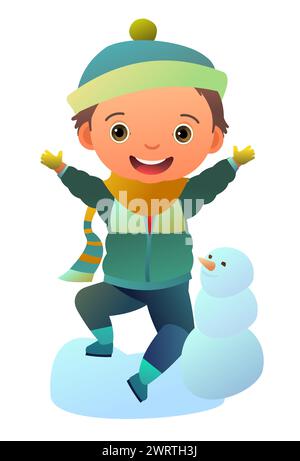 il ragazzo ha fatto un pupazzo di neve. Bambino in abiti invernali. Gelo divertente. Vestiti invernali. Oggetto isolato su sfondo bianco. Vettore di illustrazione in stile cartoni animati Illustrazione Vettoriale